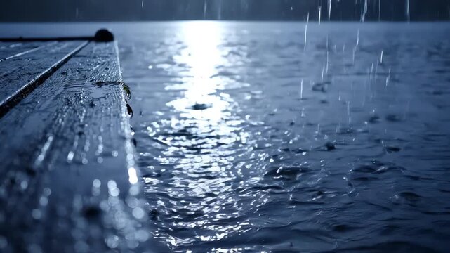 Cinematic slow motion rain falling off dark wood edge into evening lake surface creating ripples under moonlight