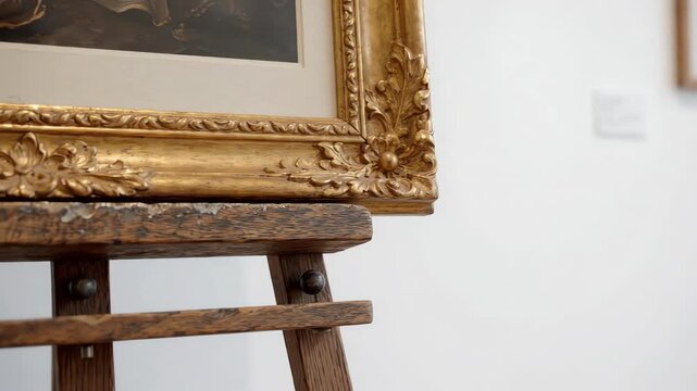 Cinematic slow pan across an elegant ornate gold poster frame standing on a vintage wooden easel against a clean minimalist white wall