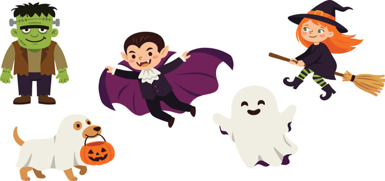 Cute Halloween Vector Character Set with Frankenstein Little Vampire Flying Witch Happy Ghost and Dog Wearing Costume for Children Holiday Designs