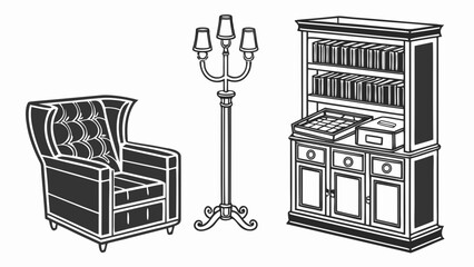 Set of interior furniture sketch including armchair lamp and bookcase © Mahdi