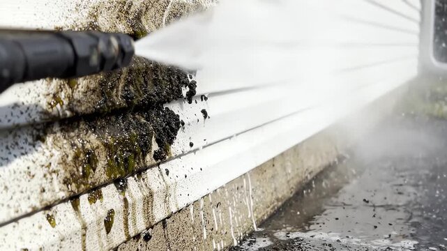 Close up of powerful pressure washer stream removing deep dirt and grime from white residential house siding in slow motion