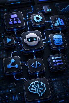 Futuristic 3D rendering of Artificial Intelligence Workflow Automation with AI Agent Software Interface, Nodes, and Data Flow on a Digital Dashboard.