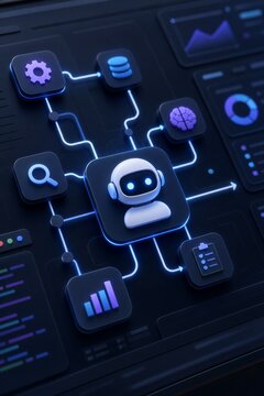 AI Workflow Automation with Artificial Intelligence Software Interface, Nodes, and Data Dashboard for Process Optimization.