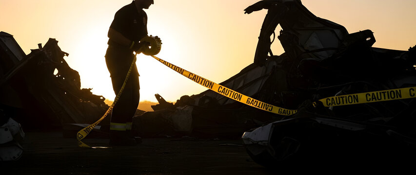 Firefighter Silhouette During Investigation at Sunset with Caution Tape and Emergency Equipment Among Debris