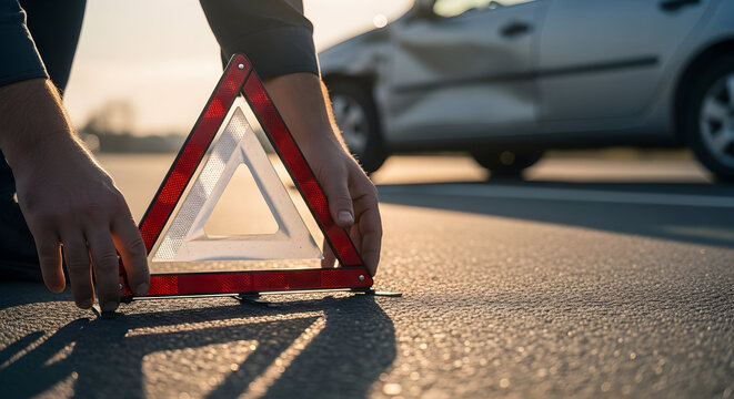 Manual Placement of Warning Triangle on Road After Vehicle Accident with Damaged Car in the Background During Sunset