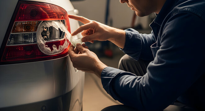 Closeup of a Mechanic Fixing a Car Tail Light in a Well-Equipped Automotive Garage