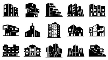 Fototapeta premium Clean Black and White Minimalist Architectural Building Icons Set Modern Flat Design Style with high quality professional line art symbols for modern creative design and digital branding projects
