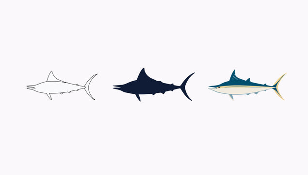 Three distinct shark silhouettes in stylized designs