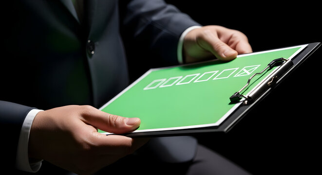 Professional Businessman Holding Green Clipboard Document for Analysis and Evaluation in a Meeting Setting