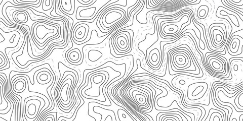 Seamless abstract contour map pattern with black and white flowing lines, representing geographic elevation, liquid terrain motion, and wood grain textures in modern minimalist vector design. © Hasan