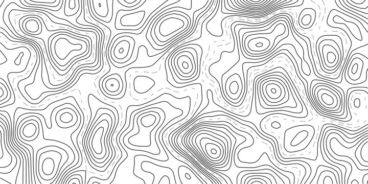 Seamless abstract contour map pattern with black and white flowing lines, representing geographic elevation, liquid terrain motion, and wood grain textures in modern minimalist vector design.