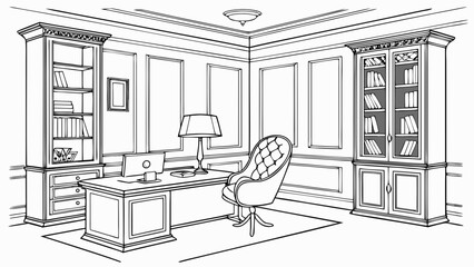 Classic home office interior line art illustration with desk and bookcases © Golap