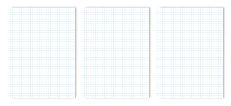 Realistic graph paper sheet set with blue square grid and notebook pages with margins. Vector stationery collection for education, mathematics, planners and printable templates.
