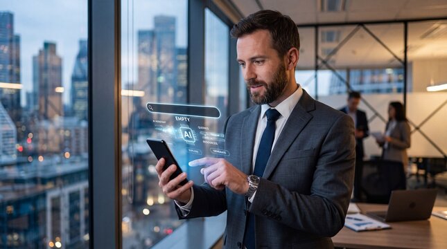 Businessman Using Smartphone with Futuristic AI Search Bar Interface for Artificial Intelligence, Chatbot and Digital Assistant Technology