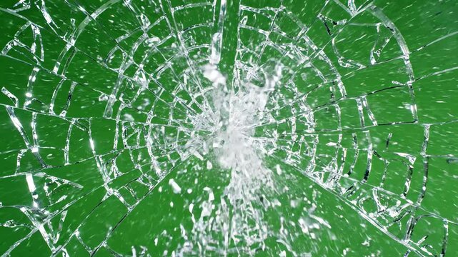 Macro slow motion of intricate fractures spreading across a transparent glass surface until complete disintegration on a green screen