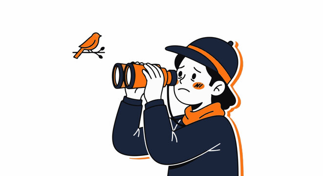 Young birder watching a small bird through binoculars outdoors.