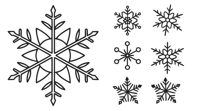 Set of various snowflake icons in simple outline style with snowflake, christmas