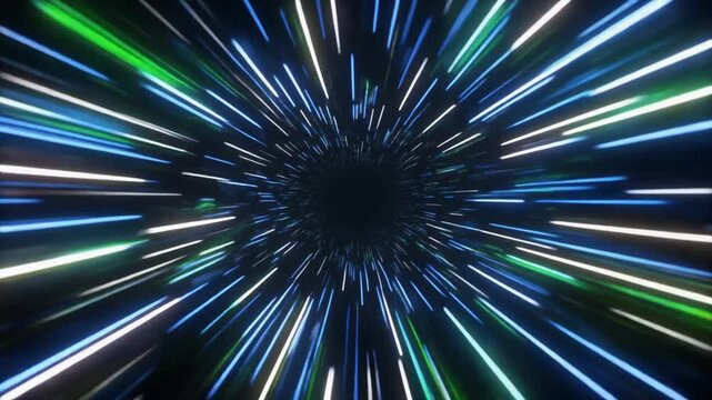 Warp-speed tunnel with blue and green light streaks symbolizing velocity and hyperspace travel