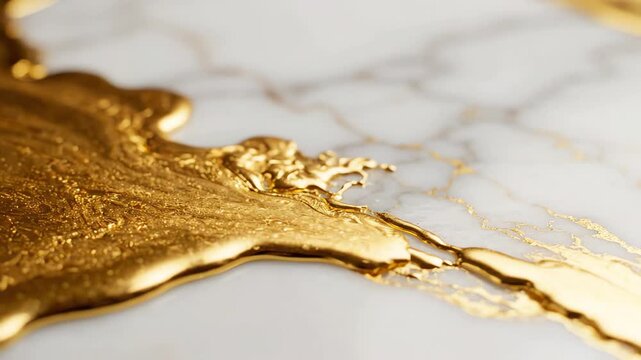 Slow motion macro shot of shimmering liquid gold veins flowing through elegant white marble stone surface with soft lighting