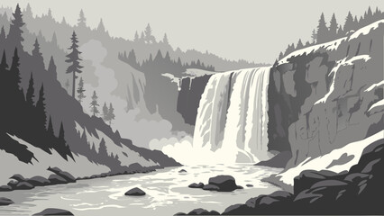 Graphic illustration of a waterfall in a forest landscape with waterfall © Proi