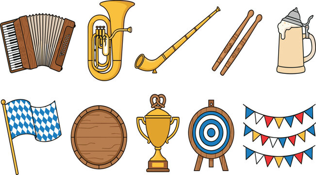 Bavarian Oktoberfest Festival Vector Element Set with Musical Instruments Accordion Tuba Alphorn Flag Trophy Target and Celebration Bunting Graphic Designs