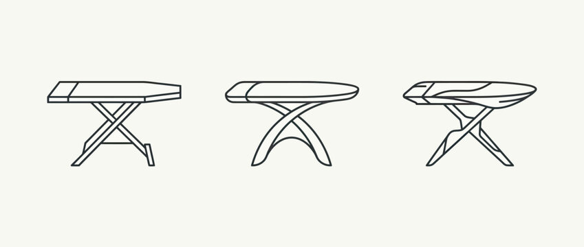 Line art drawing of three simple wooden stools with varying cross leg designs