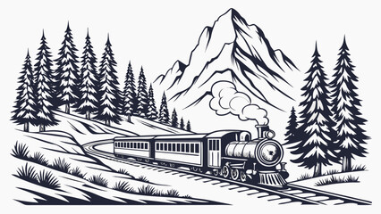 Vintage illustration of a steam train traveling through snowy mountains © khadija