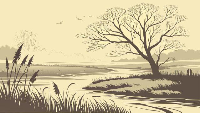 Serene landscape with bare tree and river graphic illustration, landscape