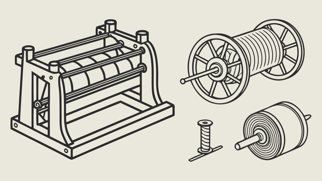 Industrial textile weaving machine and thread spool components illustration