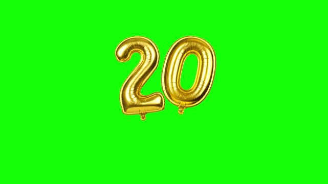 Number 20 golden and rose gold foil balloons floating package on green screen and black background