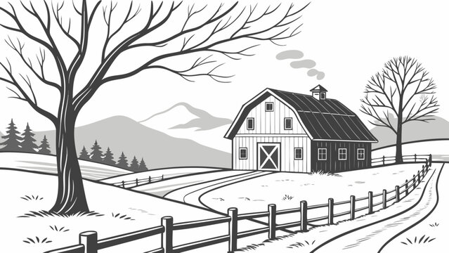 Rural farmhouse landscape scene with barn and bare trees in winter, countryside