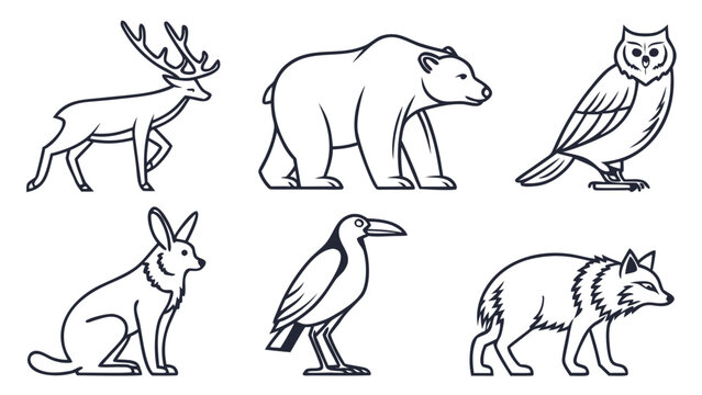 Set of wild animals including bear deer owl wolf and hare illustration