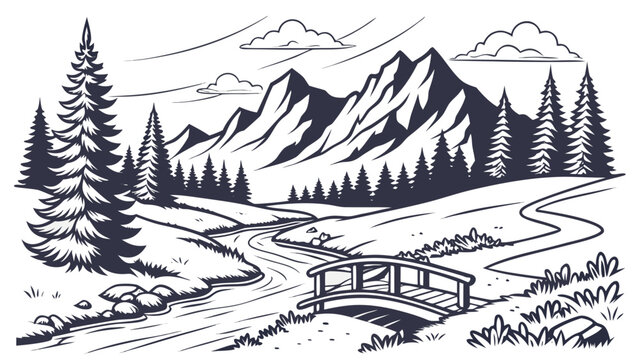 Mountain valley landscape with wooden bridge and pine forest mountain outdoors