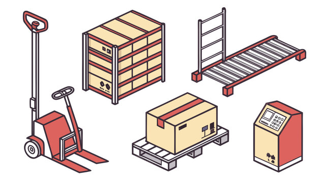 Logistics warehouse transport and storage equipment icons with logistics