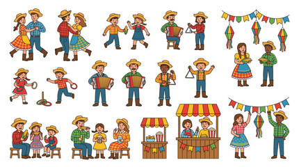 Fototapeta premium Festa Junina Celebration Vector Set with Cartoon People Dancing Playing Music and Traditional Food Stalls for Brazilian June Festival