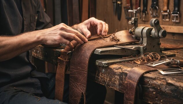Medium shot of skilled artisan using skiving machine to thin leather edges for crafting highquality belts highlighting precise hand movements and textured leather detail.