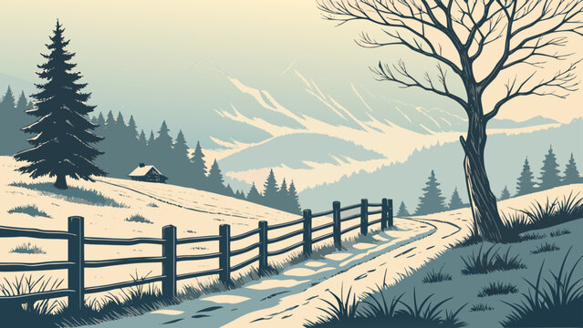 Scenic winter mountain landscape with wooden cabin and fence, landscape