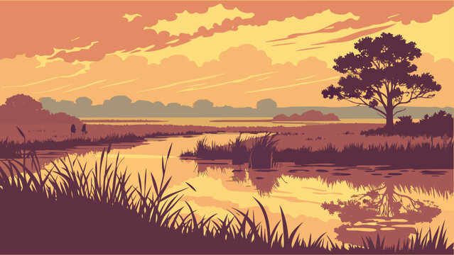 Sunset riverside landscape with trees and reflected water landscape reflection