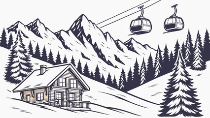 Ski resort mountain landscape with chalet and cable car mountain landscape © Mehe