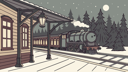 Vintage steam train at snowy station platform on a winter night with full moon © Mehe