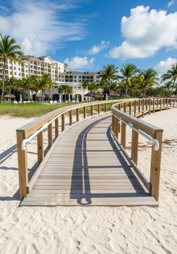 Wooden walkway leading to luxury beach resort. Path over sand toward tropical hotel building with palm tree. Scenic summer travel destination for coastal vacation and holiday leisure.
