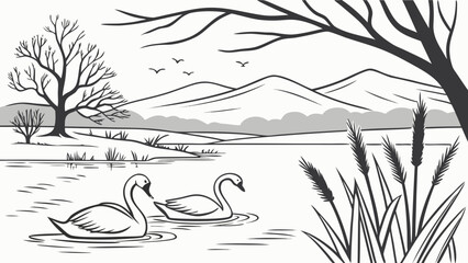 Scenic landscape with swans swimming in a lake near mountains, landscape © Mehe