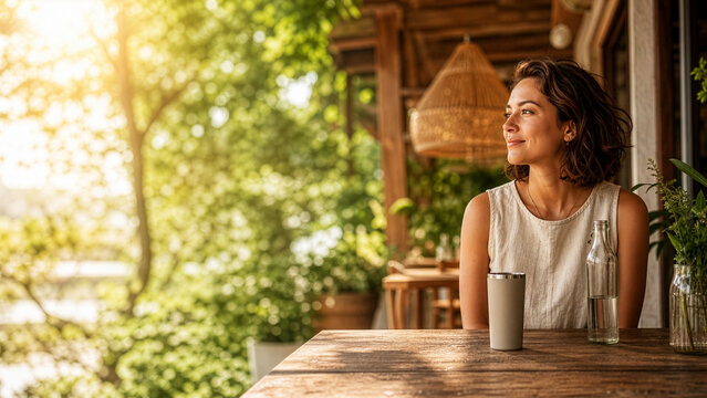 A heartwarming figure holding a reusable tumbler without a brand logo on a sun-drenched caf&eacute; terrace. Circular economy concept, copy space. Sustainable zero-waste