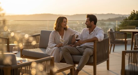 Fototapeta premium Man and woman drinking wine on a luxury hotel terrace at sunset. Couple enjoying a romantic evening date, relaxing outdoors with drinks. Summer vacation and lifestyle celebration.