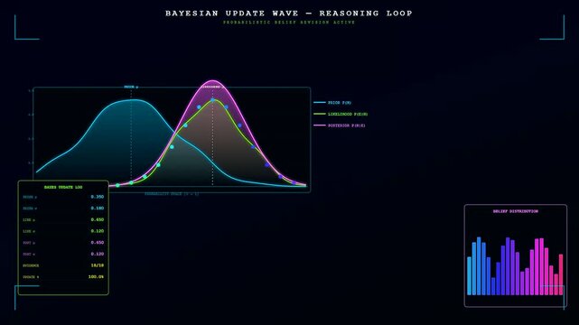 A digital reasoning loop shows probability distribution curves moving across three sequential screens within a dark interface featuring glowing cyan pink and green line charts
