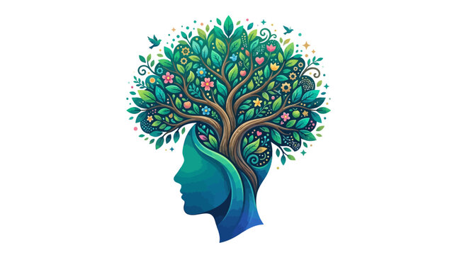 Conceptual human head with tree branches and flowers for mental health