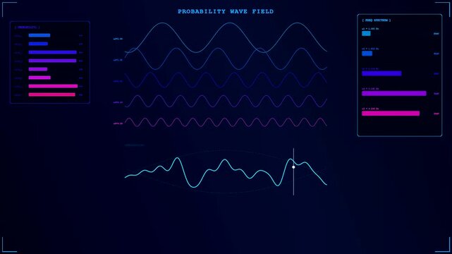 A reasoning loop visualization displaying multiple probability wave fields with oscillating blue and purple light curves shifting dynamically across a dark digital interface during data processing