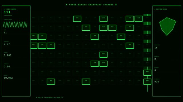 A digital reasoning loop monitor displays intricate green data grids and flashing numeric values on a dark screen representing complex computational processes within a server system