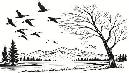 Flock of migrating geese flying over mountain lake and bare tree with migration © Md