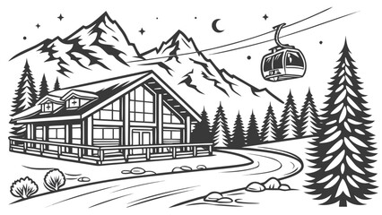 Mountain ski resort chalet and cable car aerial lift outline graphic © Md